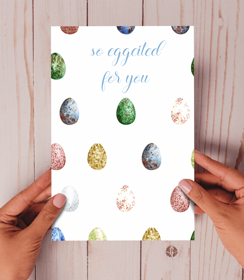 Watercolour Birds Eggs Pattern 'So Egg-cited for You' Card - Unique Celebration Greeting