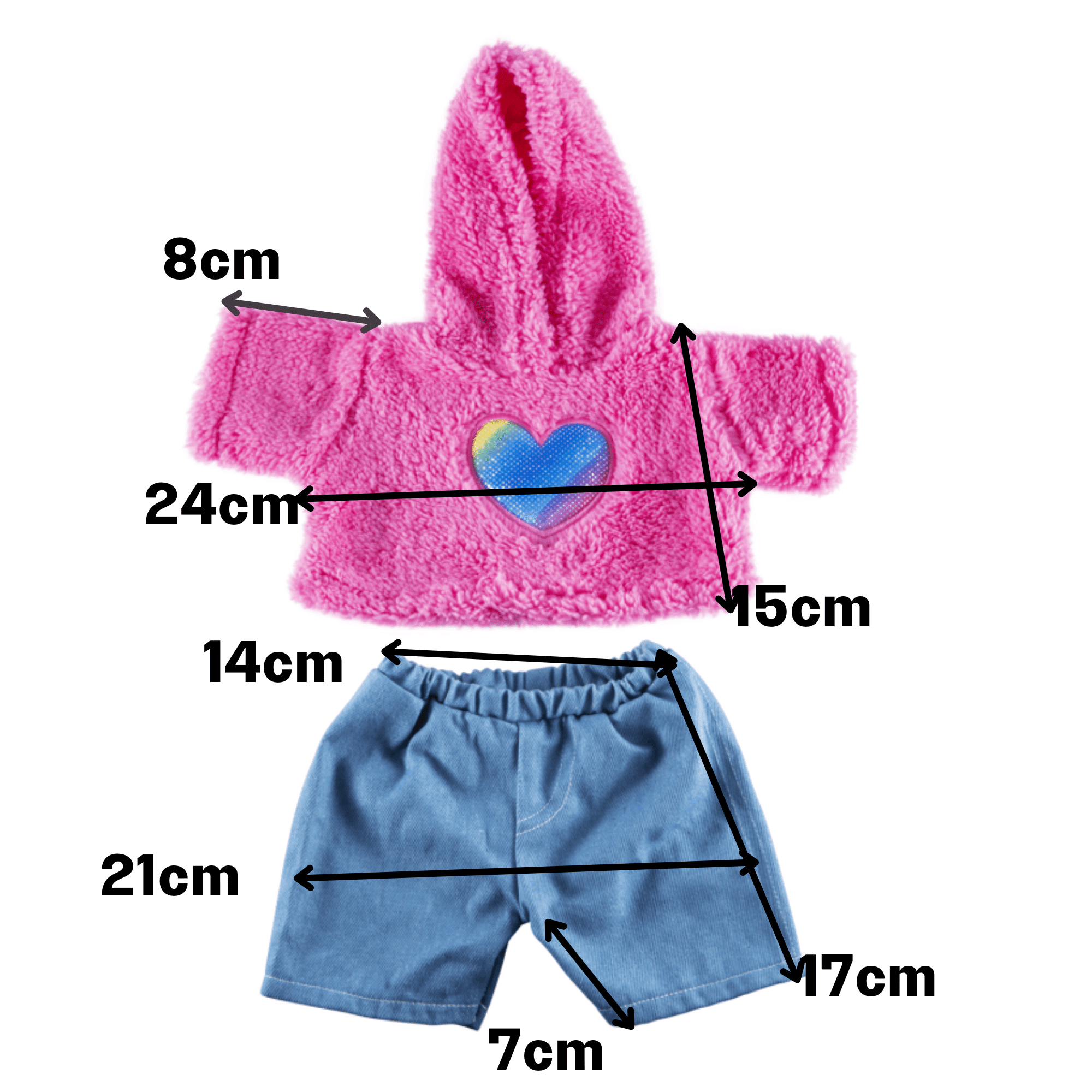 16 inch Fluffy Pink Heart Hoodie and Jeans Outfit - Teddy Bear Clothes