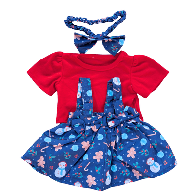 8 inch Blue Winter Pinafore with Red Top  - Teddy Bear Clothes