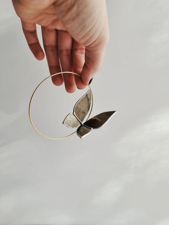 Alexa Braud Glass Artist | Stained Glass Butterfly in Hoop Decoration | Handmade Glass Decorations | Golden