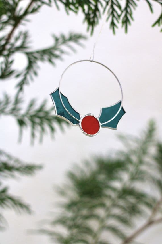 Alexa Braud Glass Artist | Stained Glass Holly Decoration | Handmade Christmas Decorations
