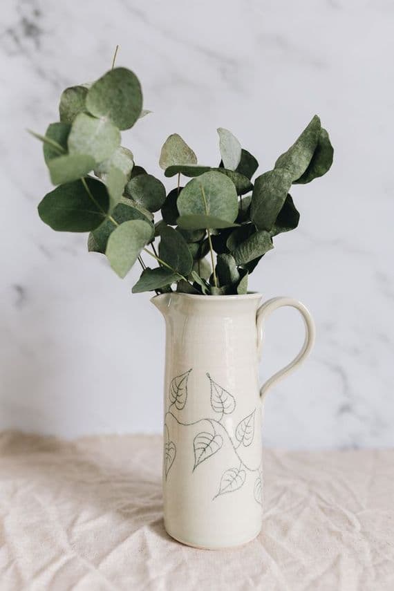 Alison Hanvey Ceramics | Handmade Ceramic Cream Leaf Stoneware Tall Pitcher Jug