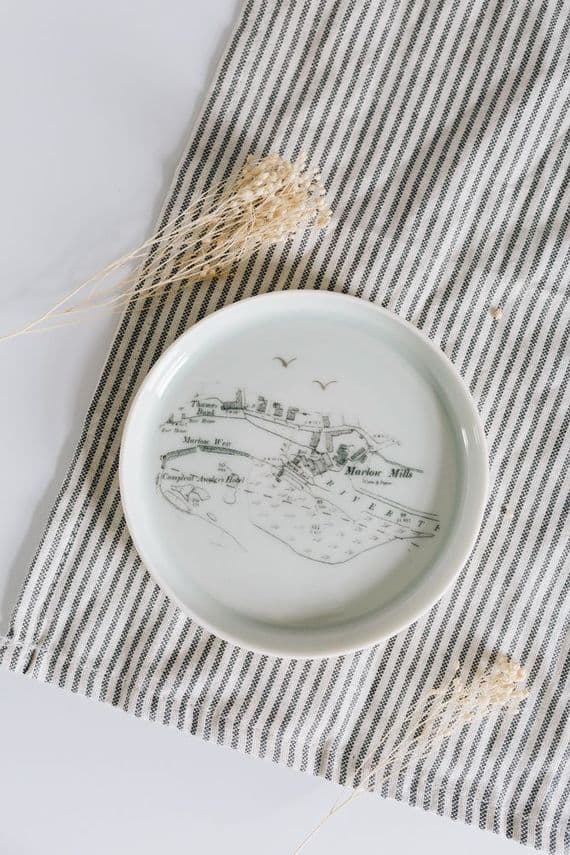 Anna Smyth Ceramics | Marlow Lock Compleat Angler Bucks Porcelain Map Plate | Buckinghamshire