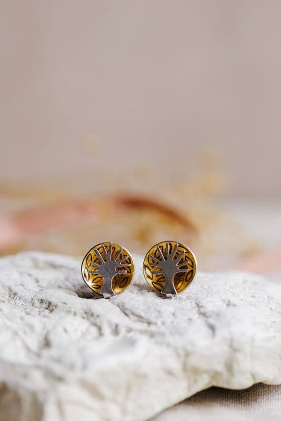Becky Crow Jewellery | Handmade Sterling Silver & Gold Leaf Tree Stud Earrings | Forest Jewellery
