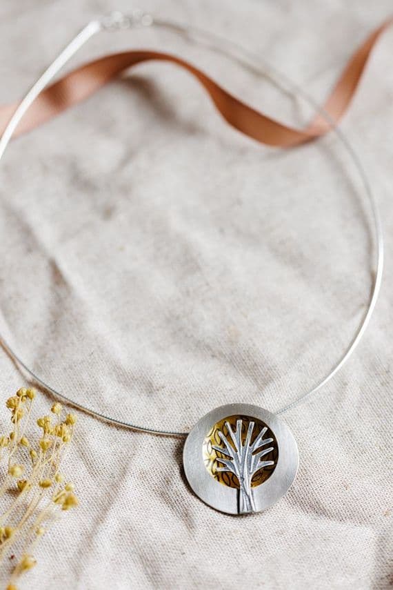 Becky Crow Jewellery | Handmade Sterling Silver Tree Leaves Dome Pendant | Tree Inspired Jewellery