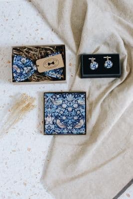 Belfast Bow Company | Bowtie Cufflinks Pocket Square | Liberty Blue Strawberry