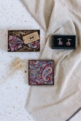 Belfast Bow Company | Bowtie Cufflinks Pocket Square | Liberty Burgundy Paisley