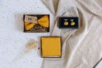 Belfast Bow Company | Irish Linen Pre-tied Bowtie, Cufflinks & Pocket Square | Mustard