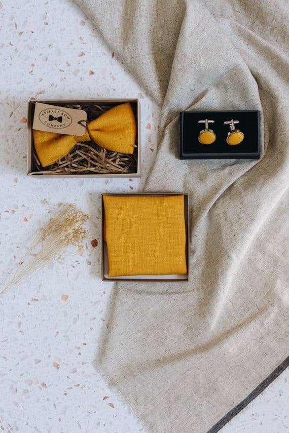 Belfast Bow Company | Irish Linen Pre-tied Bowtie, Cufflinks & Pocket Square | Mustard