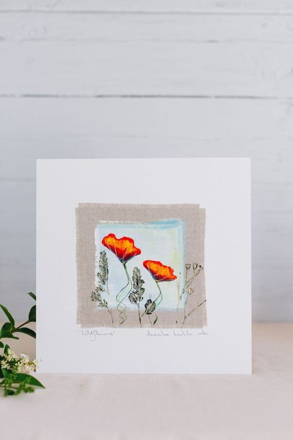 Dasalee Textile Art | Original Wildflowers Painting on Irish Linen | Red Poppies | Northern Ireland