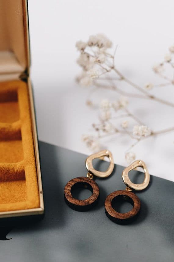 Deeca Jewellery Design | Molten Gold Circle Wooden Stud Earrings | Ethical Handmade Jewellery Ireland