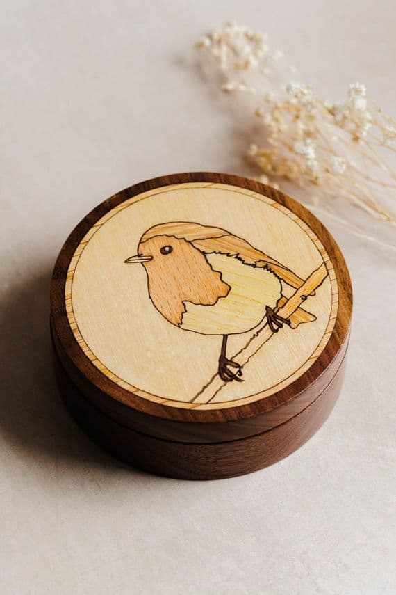 Woodmento  | Handmade Wooden Robin Trinket Box | Walnut Wood | Northern Ireland