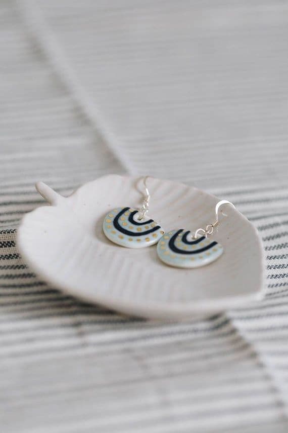 Karen Risby Ceramics | Sterling Silver & Porcelain Abstract Half Circle Drop Earrings | Handmade Earrings