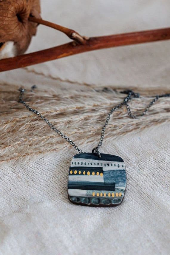 Katy Mai Jewellery | Sterling Silver & Ceramic Landscape Pendant | Square Necklace