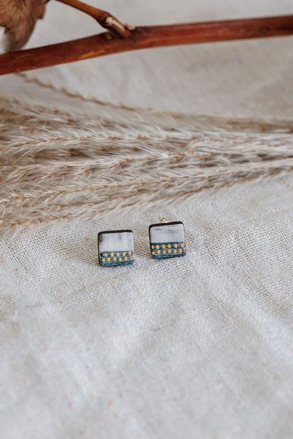 Katy Mai Jewellery | Sterling Silver & Ceramic Landscape Stud Earrings | Square Earrings