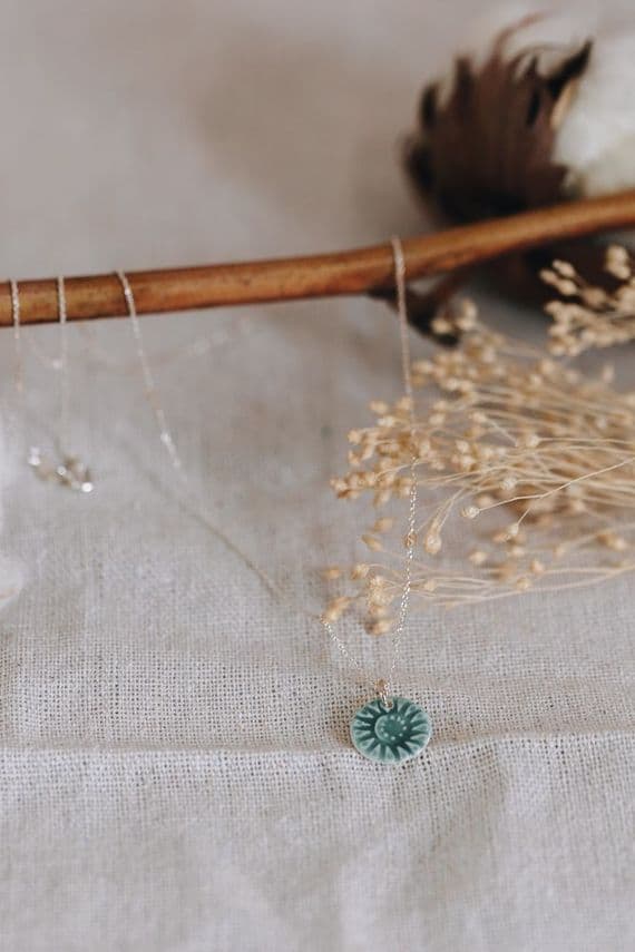 Katy Mai Jewellery | Sterling Silver & Porcelain Origin Mini Pendant | Green Lichen Necklace