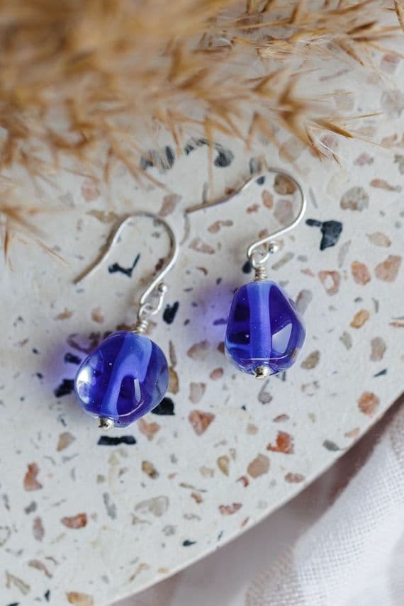 Glass i Studio Glass Jewellery | Handmade Glass Pebble Earrings | Cobalt Drop Earrings