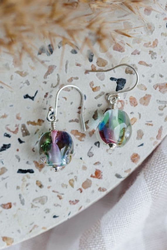 Glass i Studio Glass Jewellery | Handmade Glass Pebble Earrings | Rainbow Drop Earrings