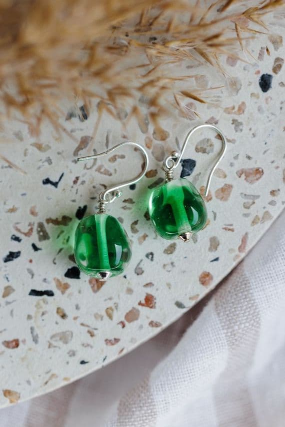 Glass i Studio Glass Jewellery | Handmade Glass Pebble Earrings | Sea Green Drop Earrings