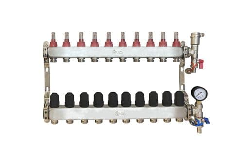 NovaTherm 10 Port Dualmix Stainless Steel Manifold Assembly inc Pressure Gauge and Air Vent
