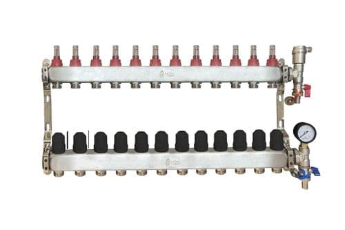 NovaTherm 12 Port Dualmix Stainless Steel Manifold Assembly inc Pressure Gauge and Air Vent