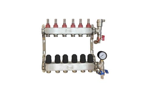 NovaTherm 6 Port Dualmix Stainless Steel Manifold Assembly inc Pressure Gauge and Air Vent
