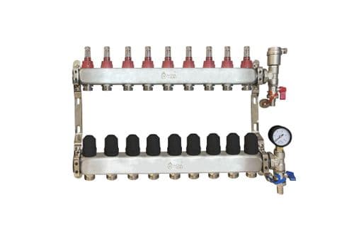 NovaTherm 9 Port Dualmix Stainless Steel Manifold Assembly inc Pressure Gauge and Air Vent
