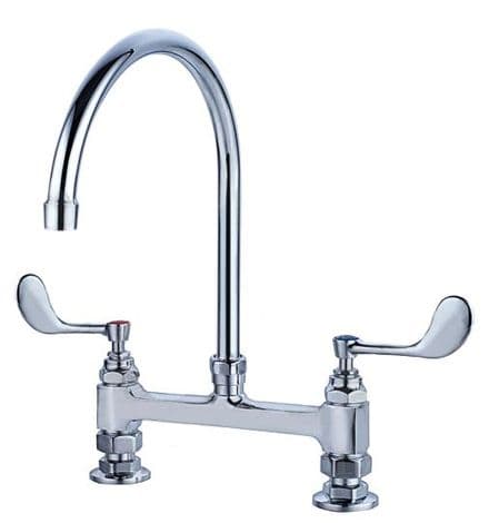 Commercial Heavy Duty Deck Mounted Twin Pedestal Goose Neck Mixer Taps  - Long Lever