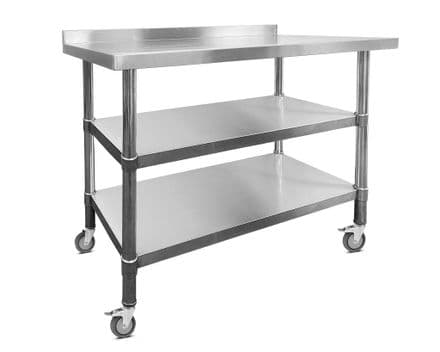 Stainless Steel Wall Prep Table - 1200x600x900mm - Castors - Two Shelves