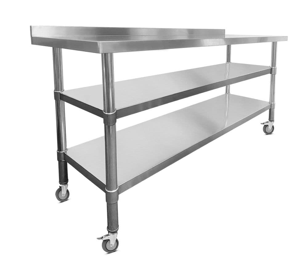 Stainless Steel Wall Prep Table 1800x600x900mm Castors Two Shelves