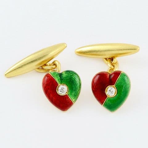 Antique 18Ct Gold & Diamond Heart Cufflinks With Red & Green Enamel