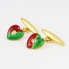 Antique 18Ct Gold & Diamond Heart Cufflinks With Red & Green Enamel