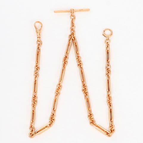 Antique 9Ct Gold 37g Trombone And Round Link Watch Chain /Necklace 17 5/8''