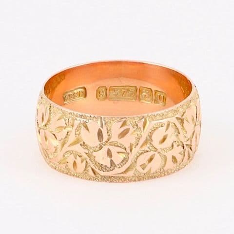 Antique 9Ct Gold 4.2g Floral Engraved Patterned Wedding Ring / Band