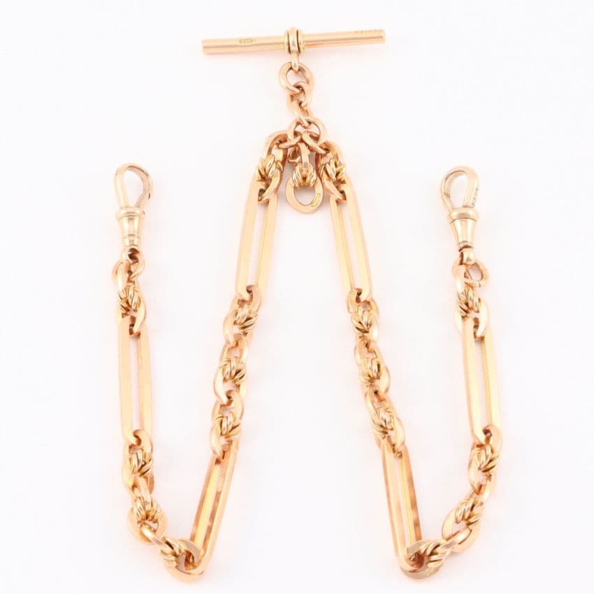 Antique 9Ct Gold 42.9g Trombone And Knot Link Double Albert Watch Chain 15 1/4''