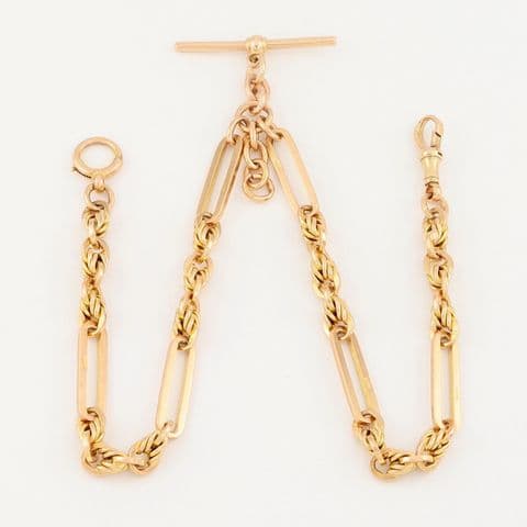 Antique 9Ct Gold 43g Fetter / Trombone Link Double Albert Watch Chain 15 3/4''
