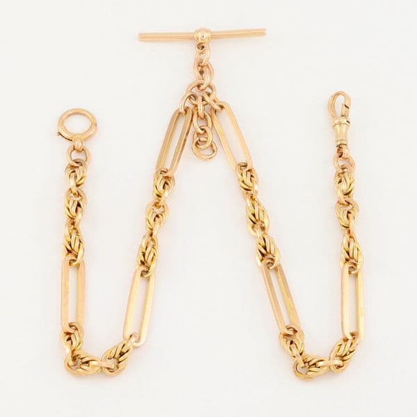 Antique 9Ct Gold 43g Fetter / Trombone Link Double Albert Watch Chain 15 3/4''