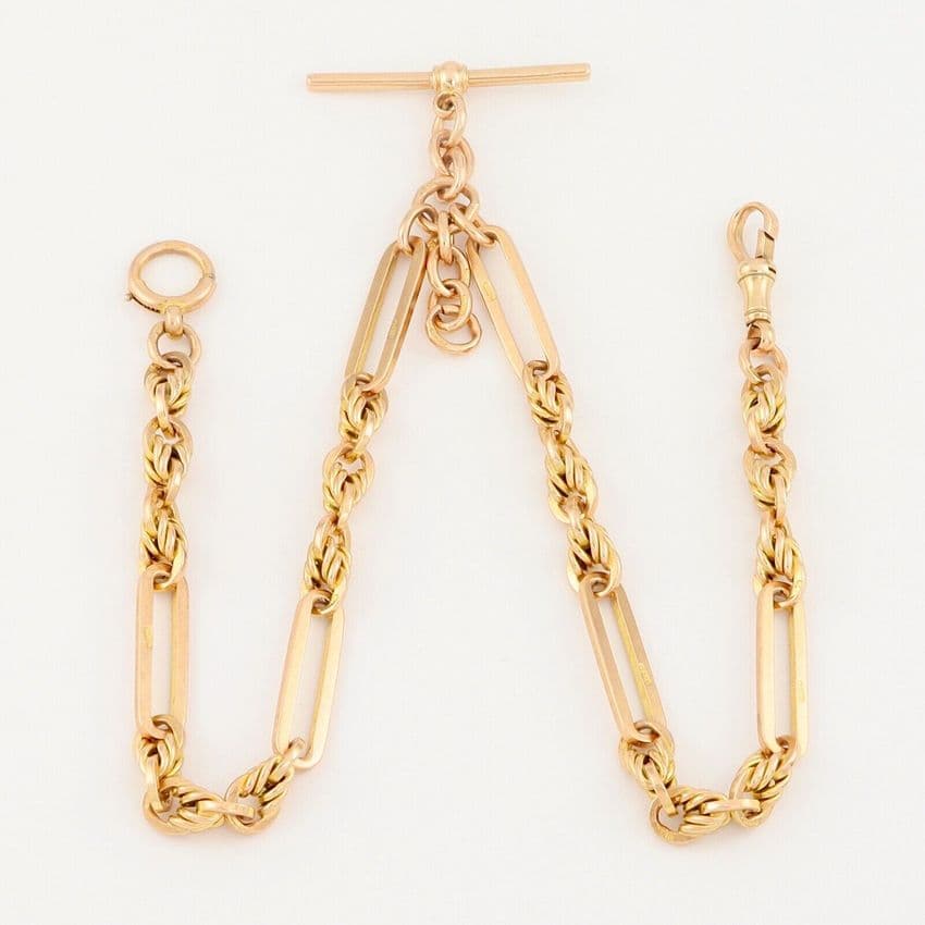 Antique 9Ct Gold 43g Fetter / Trombone Link Double Albert Watch Chain 15 3/4''