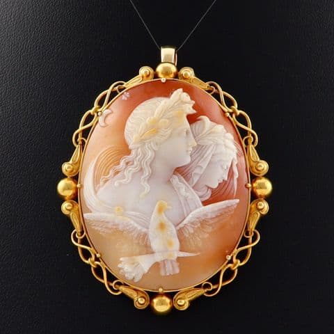 Antique 9Ct Gold Shell Cameo Pendant / Brooch / Pin Of Day And Night Eos And Nyx