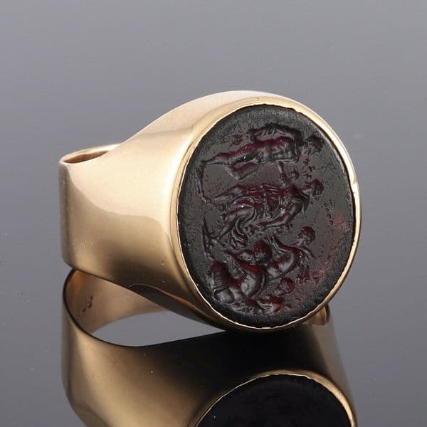 Antique 9Ct Gold Signet Seal Ring With Dark Purple Glass Intaglio