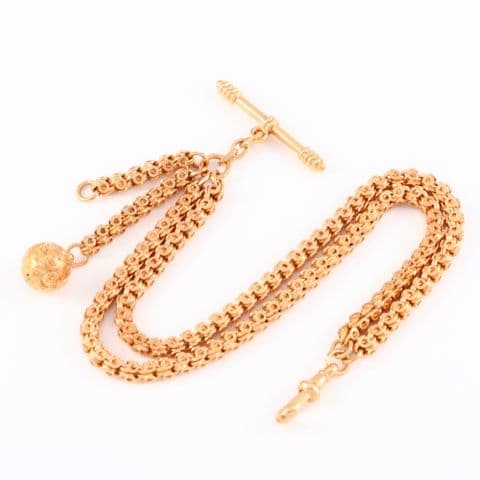 Antique 9Ct Rose Gold 21.2g Albertina Fob Watch Chain With Fob Ball