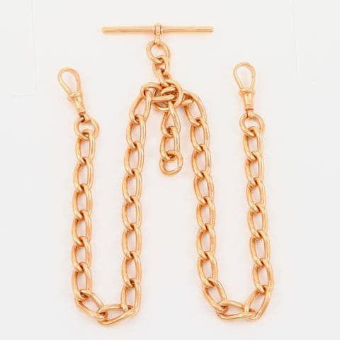 Antique 9Ct Rose Gold 71.3g Double Albert Watch Chain / Necklace With T-Bar 17''