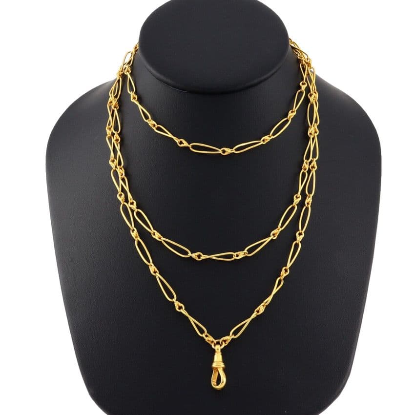 Antique Victorian 18Ct Gold 38.3g Long & Knot Link Guard Chain Necklace 46 1/2''