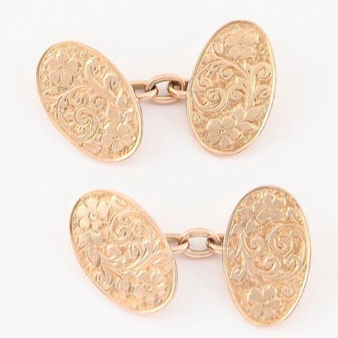 Antique Victorian 9Ct Rose Gold Engraved / Floral Patterned Oval Cufflinks 8.3g