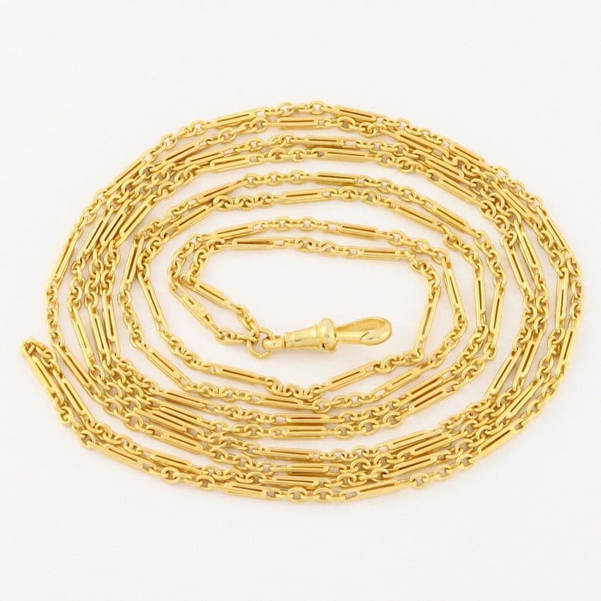 Long Antique 9Ct Yellow Gold Trombone Link Guard Chain Necklace 54''
