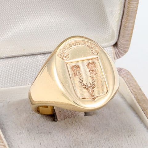 Men's Gents 9Ct Gold 15.1g Signet Intaglio Ring With Motto Take Courage