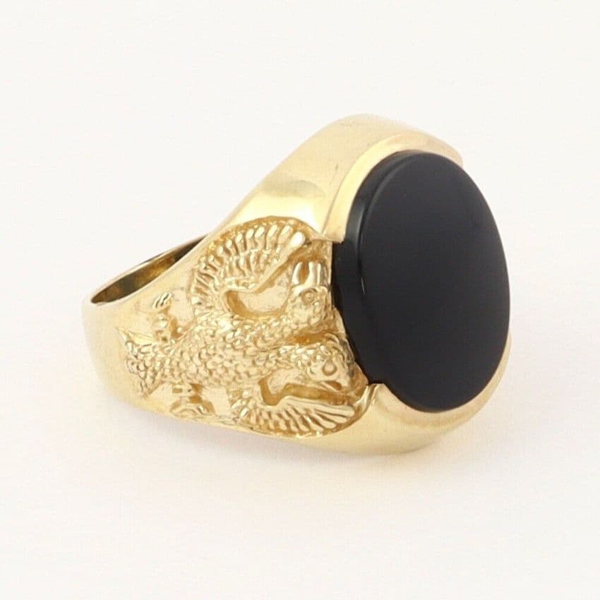 Men's Gents Vintage 9Ct Gold Signet Ring With Onyx And Eagle Design Shoulders