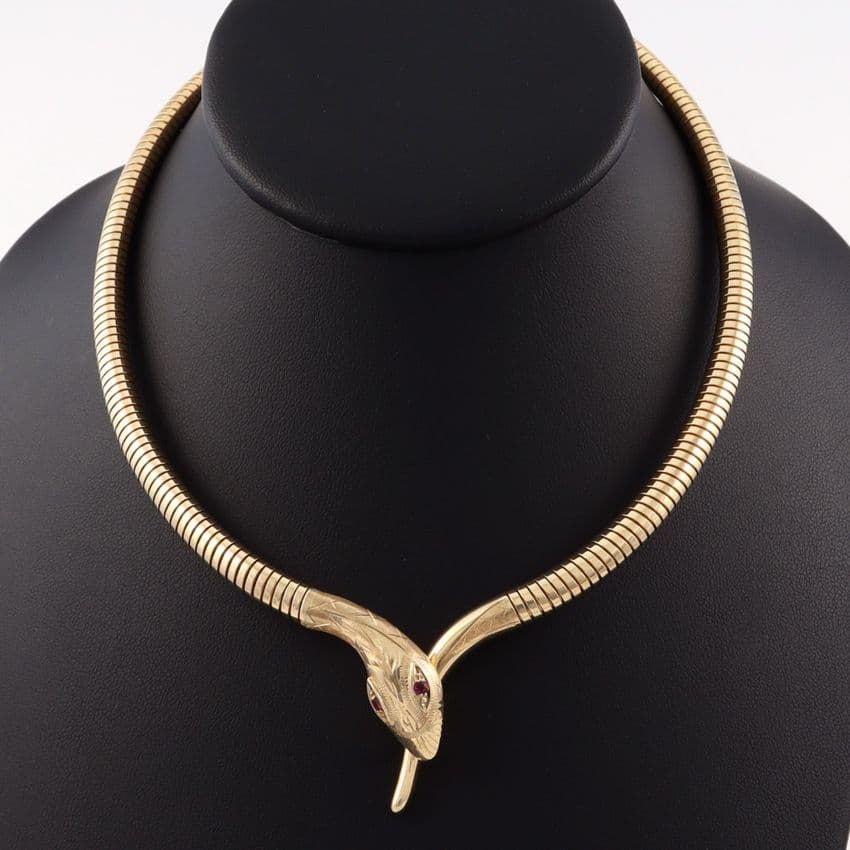 Vintage 9Ct Gold Snake / Serpent Necklace With Ruby Eyes 16''