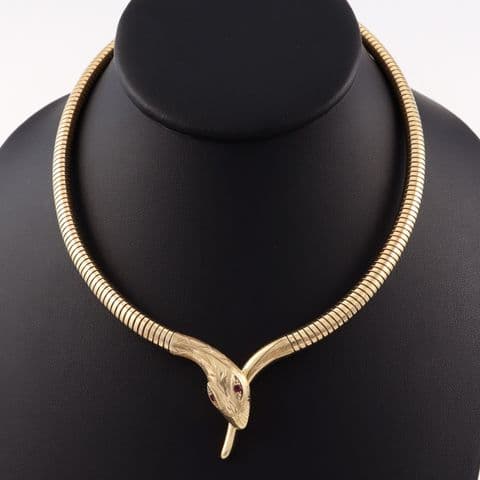Vintage 9Ct Gold Snake / Serpent Necklace With Ruby Eyes 16''