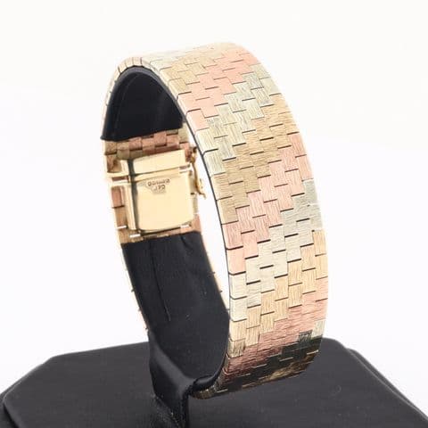 Vintage 9Ct Three Colour Gold 56.4g Chased Brick Link Bracelet 7 1/2''